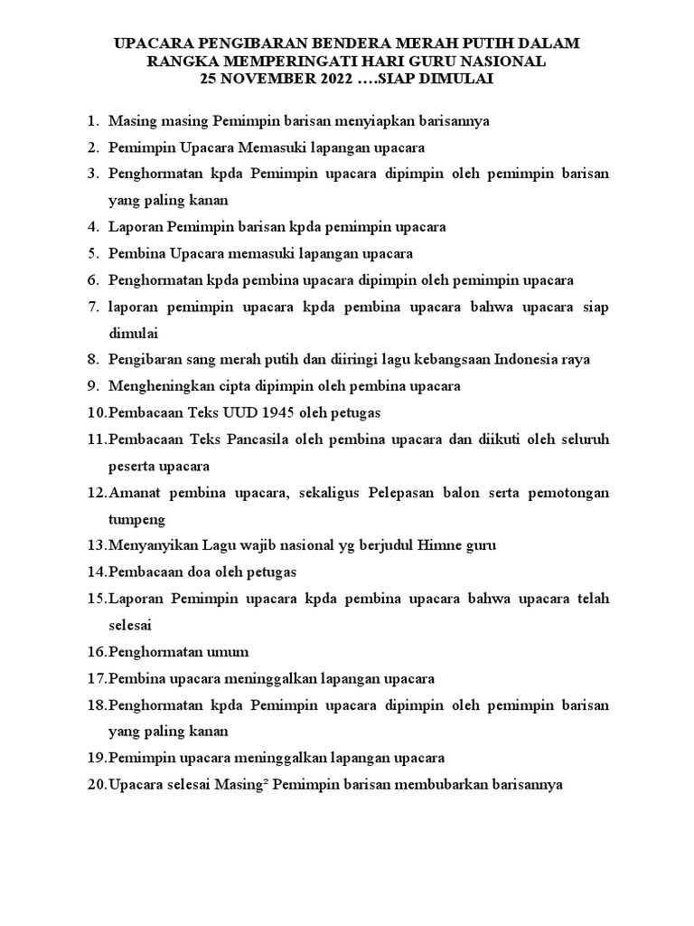 Contoh Susunan Upacara Hari Guru 25 November 2025
